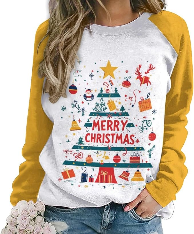 LOAIHA Christmas Sweatshirts for Women Christmas Tree Graphic Shirt Xmas Long Sleeve Merry Christmas Pullover Blouse