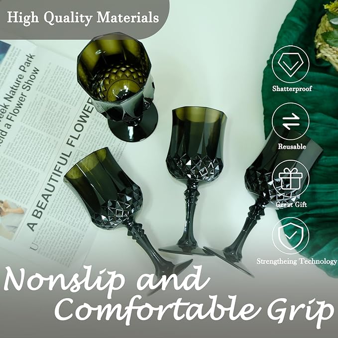Plastic Wine Glasses, Plastic Goblets Vintage Style Cordial Unbreakable Drinking Glasses, Reusable Drinkware for Wedding Reception, Grand Event Party Supplies, Easter (24, Black)