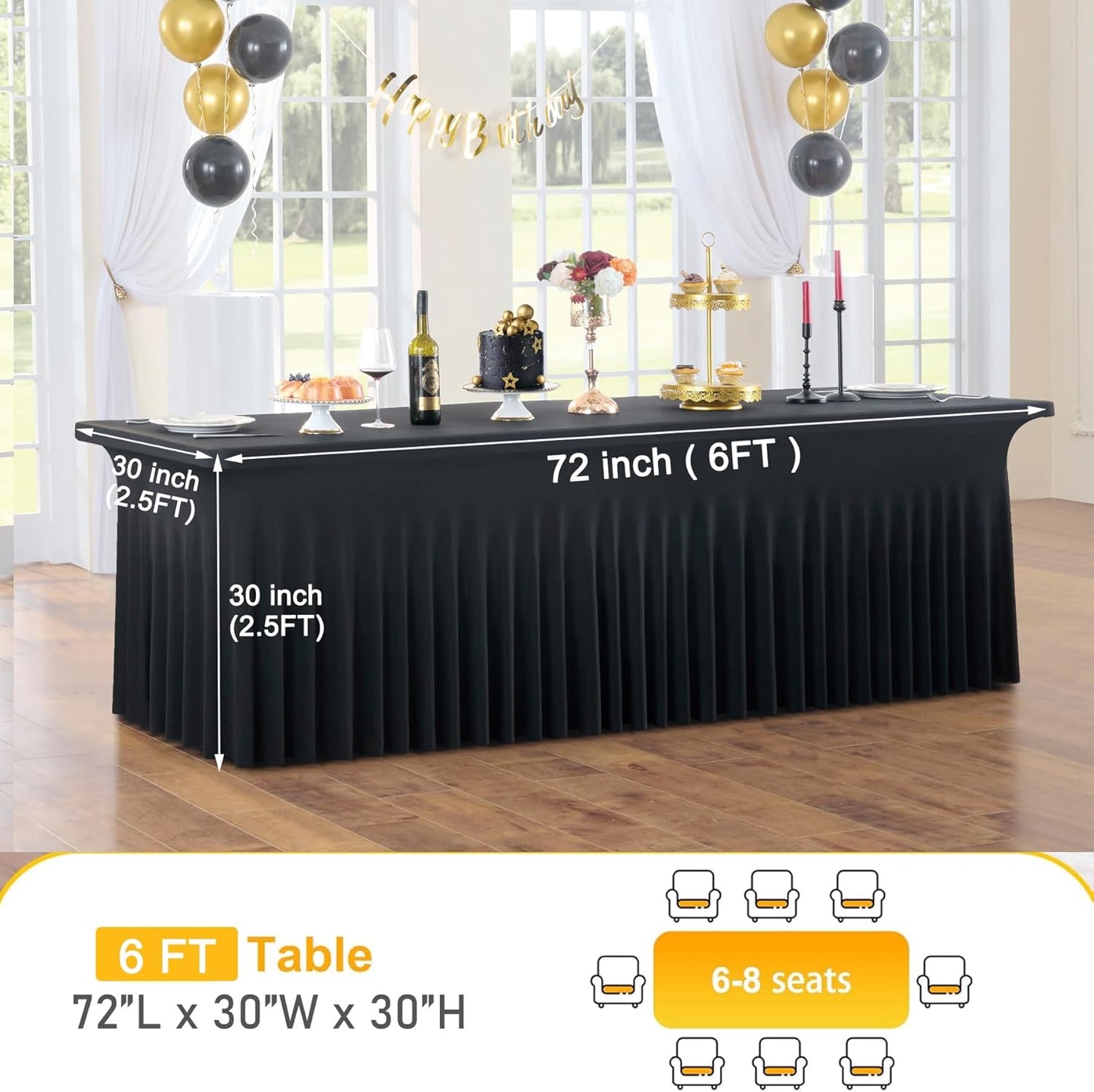 8pack Black Spandex Tablecloths for 6ft Rectangle Tables, Wrinkle Free Classy Table Skirt Stretchy 6 Foot Fitted Table Cloths Covers for Weddings Birthday Halloween Party Events Banquet