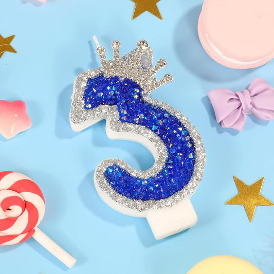Blue Birthday Candle Crown Number 3 Candle with Sequins Cake Candles Cupcake Decorations Party Decor for Anniversary Celebrations Supplies
