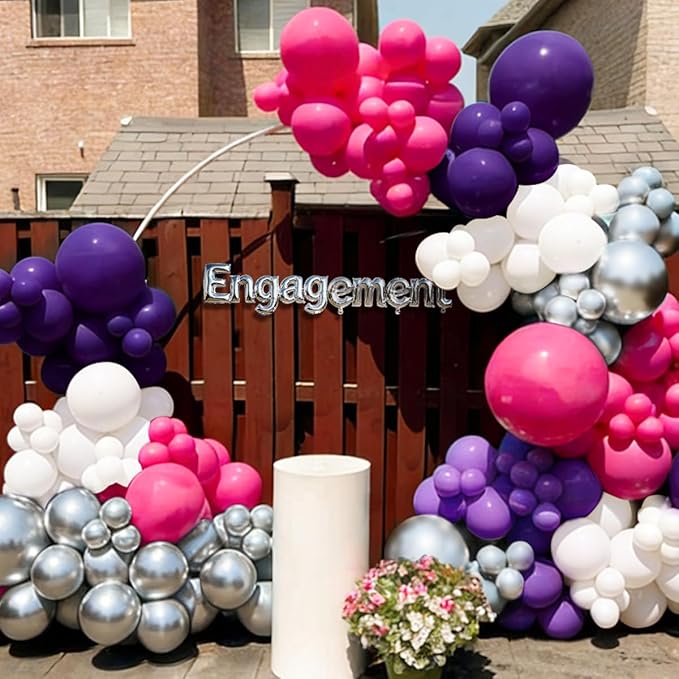 Hot Pink Purple White Silver Balloon Garland Arch Kit, 167Pcs Latex Balloons Different Sizes 18 12 10 5 inch for Women Princess Girl Birthday Bridal Baby Shower Party Decoration