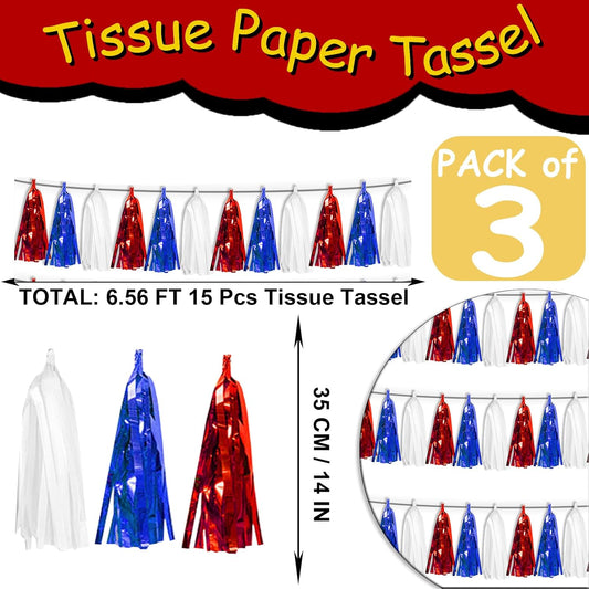 3P White Blue Red Tassel Banner Garland Metallic Foil Fringe Banner Tinsel Streamer Banner Backdrop for Parade Floats Graduation, Independence Day, 4th of july, Patriotic Themed Party Decoration