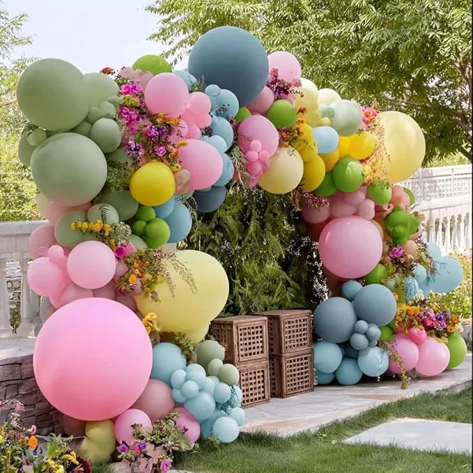 Colorful Balloon Arch Double Stuffed Latex Blue Yellow Green Pink Balloons Wildflower Balloon Garland for Spring Flower Birthday Baby Shower Easter Garden Candy Party Decoration