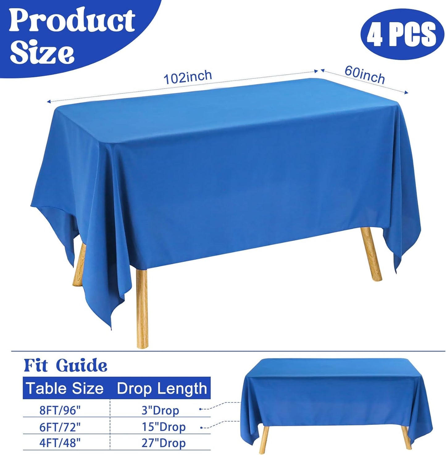 4 Pack Rectangle Tablecloth 60x102 Inch Washable Polyester Table Cover for Wedding Dining Table Buffet Parties Banquet Decoration（Blue）