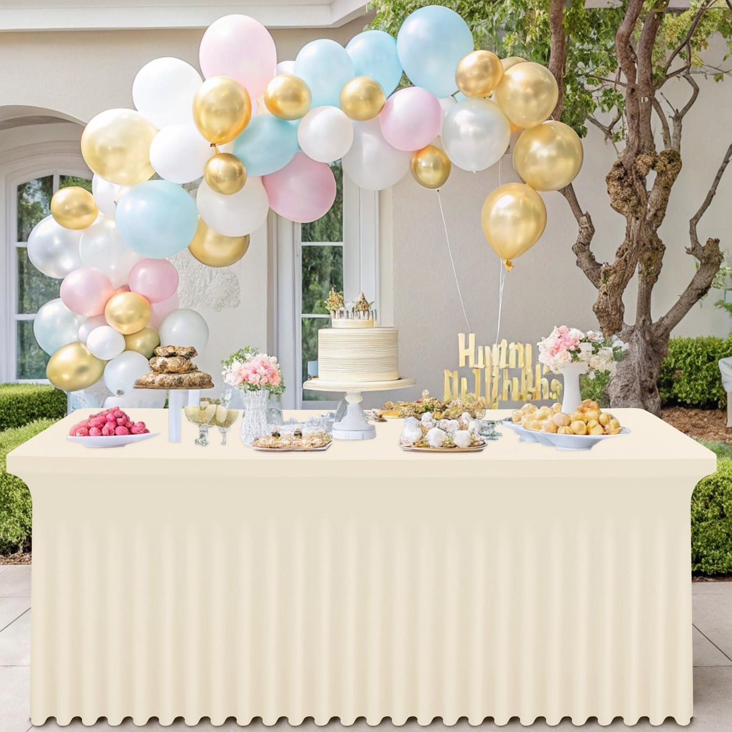 Smiry Spandex Tablecloth, Elastic Fitted Stretch Tablecloth for 4FT Rectangle Tables, Waterproof Washable Table Cover Skirt for Outdoor, Wedding, Banquet & Parties (Beige, 48Lx30Wx30H Inch)