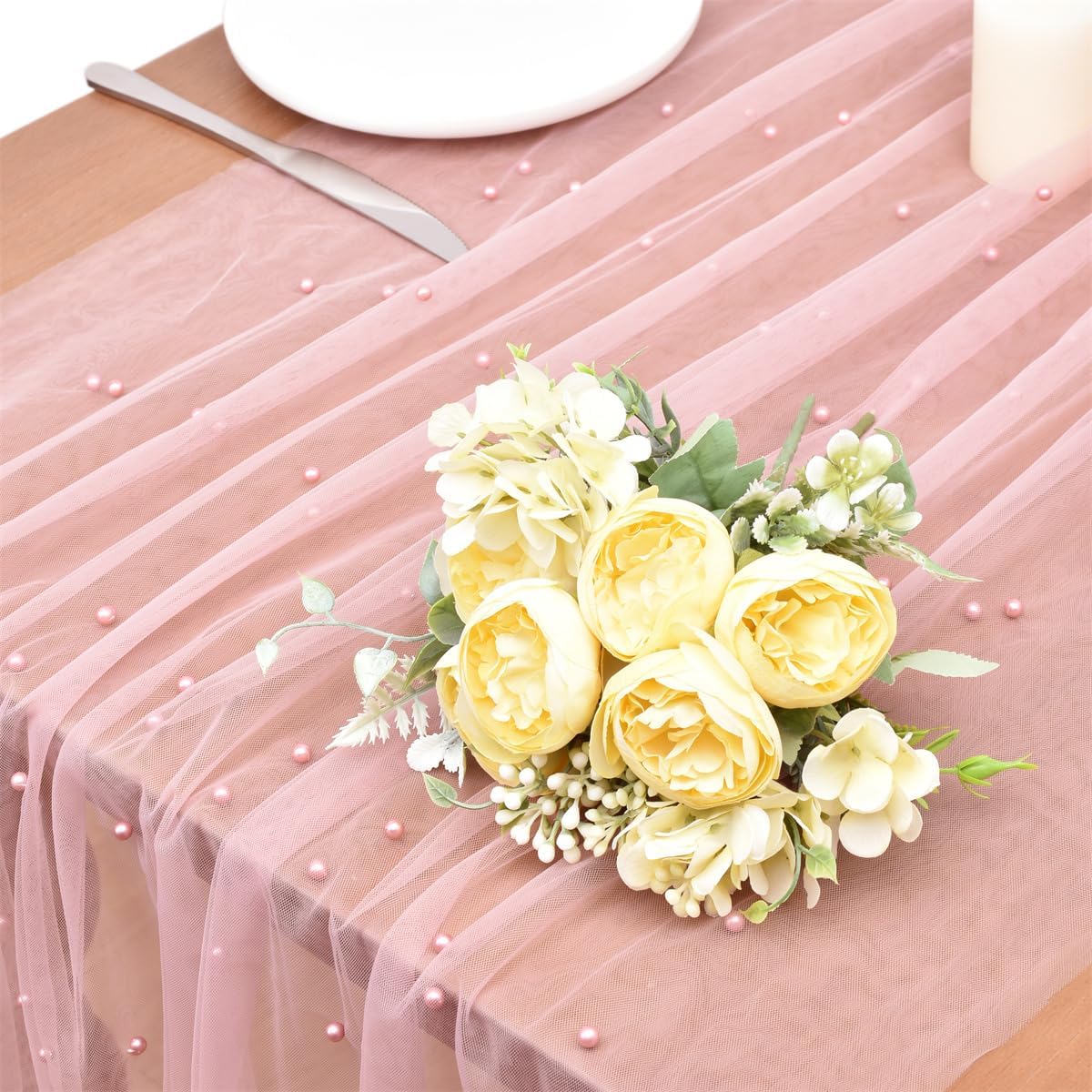 Dusty Rose Pearl Fall Thanksgiving Table Runner Boho Rustic Tulle Lace Table Runner for Baby Shower Wedding Arch Decor Veil Dessert Table Decor