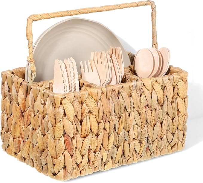 Hand-Woven Wicker Silverware Organizer, Water Hyacinth Plastic Cutlery Utensil Holder with Handle, Woven Picnic Caddy, Picnic flatware Organizer and Kitchen Countertop with Handle