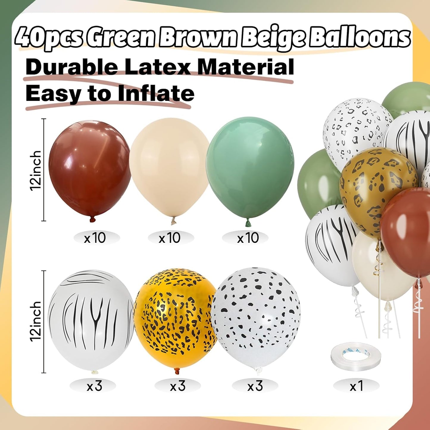 Sage Green Beige Balloons Coffee Brown Geen White Balloons for Jungle Safari Party Lion Birthday Decorations 12INCH Green White Brown Helium Latex Balloon for Arch Forest Animal Wild One Decor