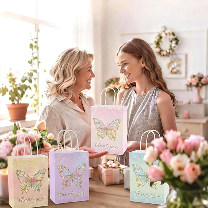 piqiya 24pcs Butterfly Birthday Goodie Bags,Party Favor Gift Bags,Colorful Gift Bag for Baby Shower, Wedding