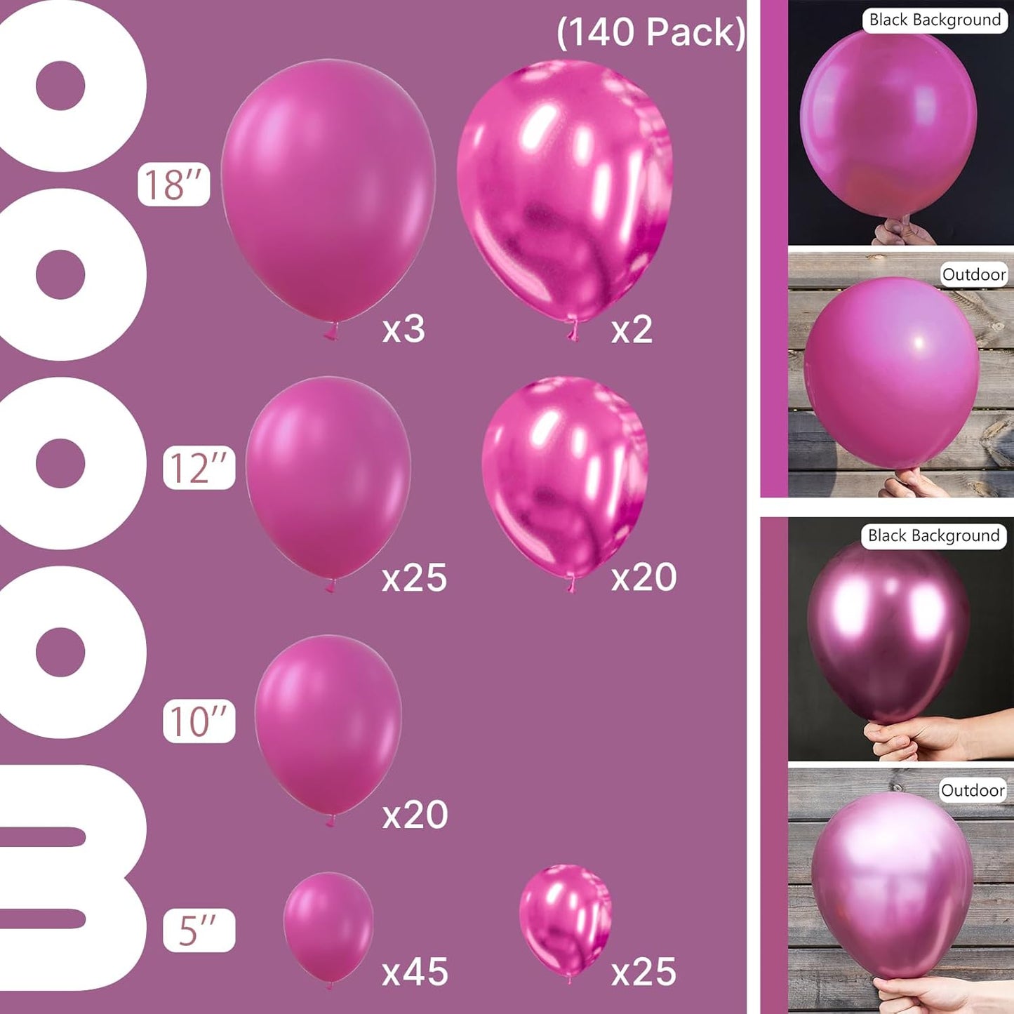 PartyWoo Hot Pink Balloons 140pcs Different Sizes of 18 12 10 5 Inch Metallic Pink Magenta Fuchsia Balloon Arch Kit for Engagement Bachelorette Baby Shower Anniversary Birthday Party Decorations