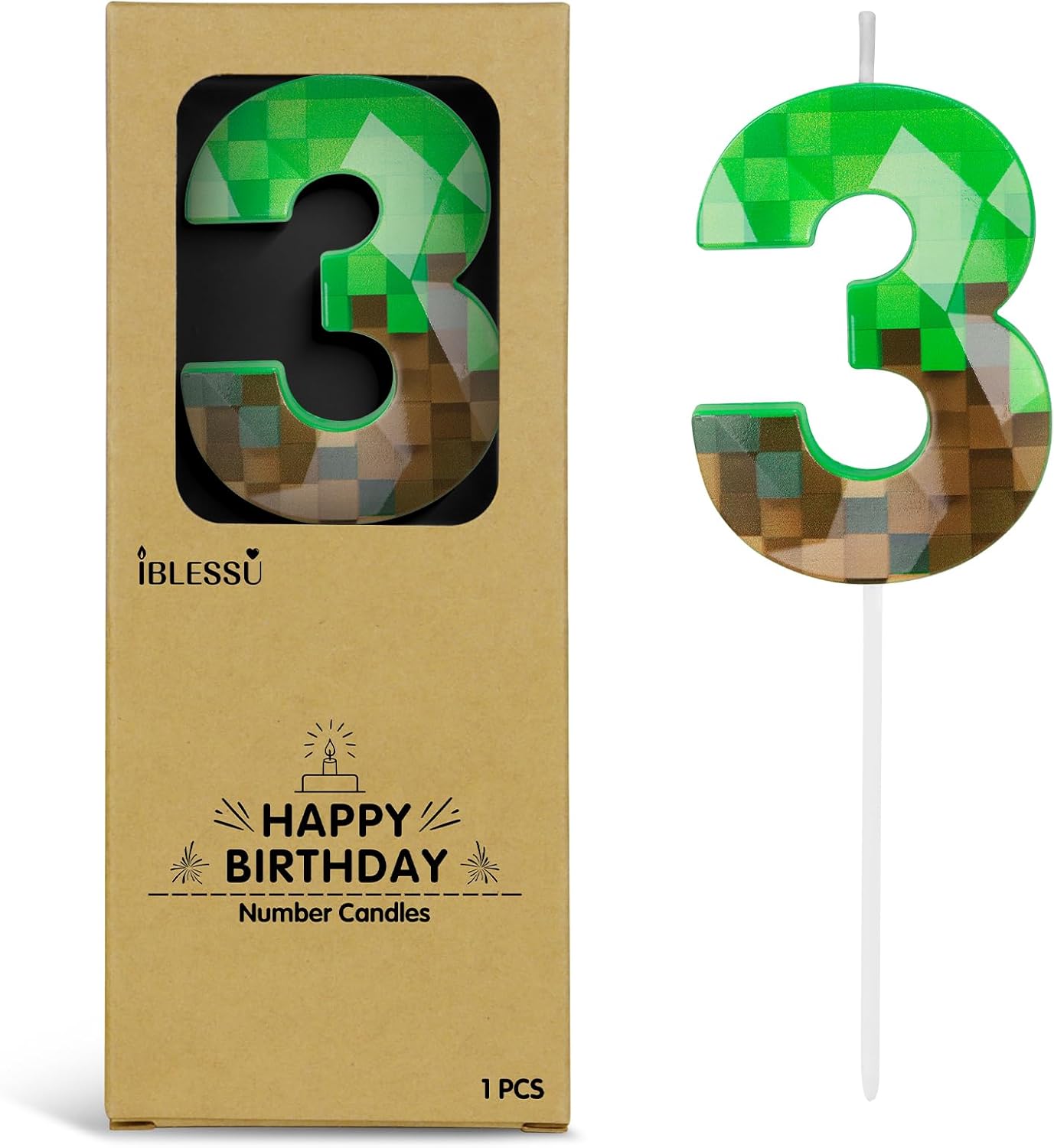 Pixel Birthday Candle, 2.68 Inch Miner Number Candles, Game Themed Candle Birthday Decoration for Pixel Theme Birthday Anniversary Dynamite Video Game Party (Green, 3)