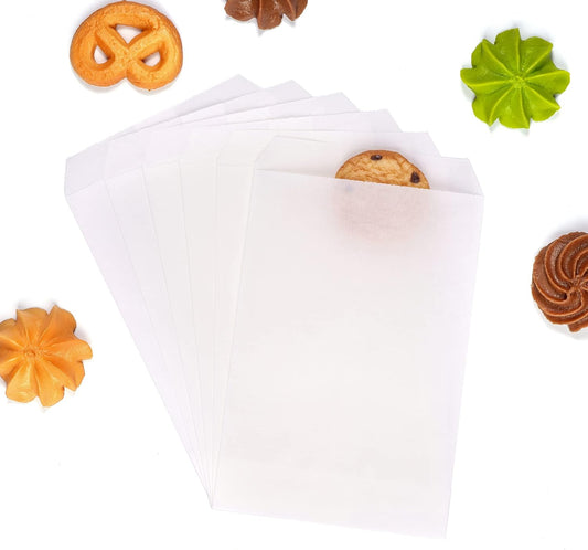 Quotidian White Flat Medium Greaseproof Kraft Paper Bags 4" x 6" (10 x 15.2cm) Pack of 100 - Bakery Cookies Candies Dessert Invitation