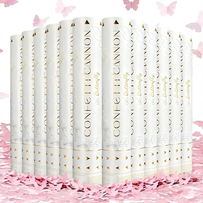 Confetti Cannon Butterfly Confetti Poppers 12 Pack Party Poppers 12 inch Pink Confetti Shooters Butterfly Sticks for Wedding Birthday Graduation Anniversary Bridal Shower Valentines Christmas New Year