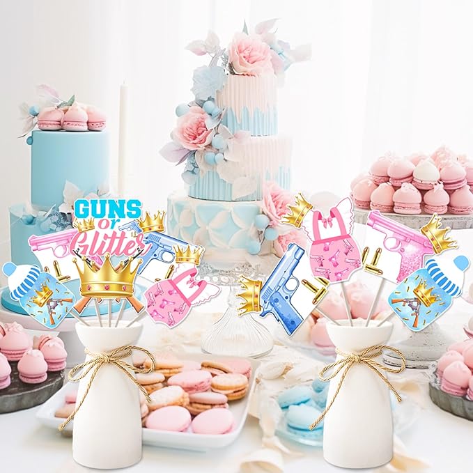 Guns or Glitter Gender Reveal Decorations, 24 Piece Guns or Glitter Table Centerpiece Stick Table Topper Pink and Blue Decor for Gender Reveal Baby Shower Party Supplies