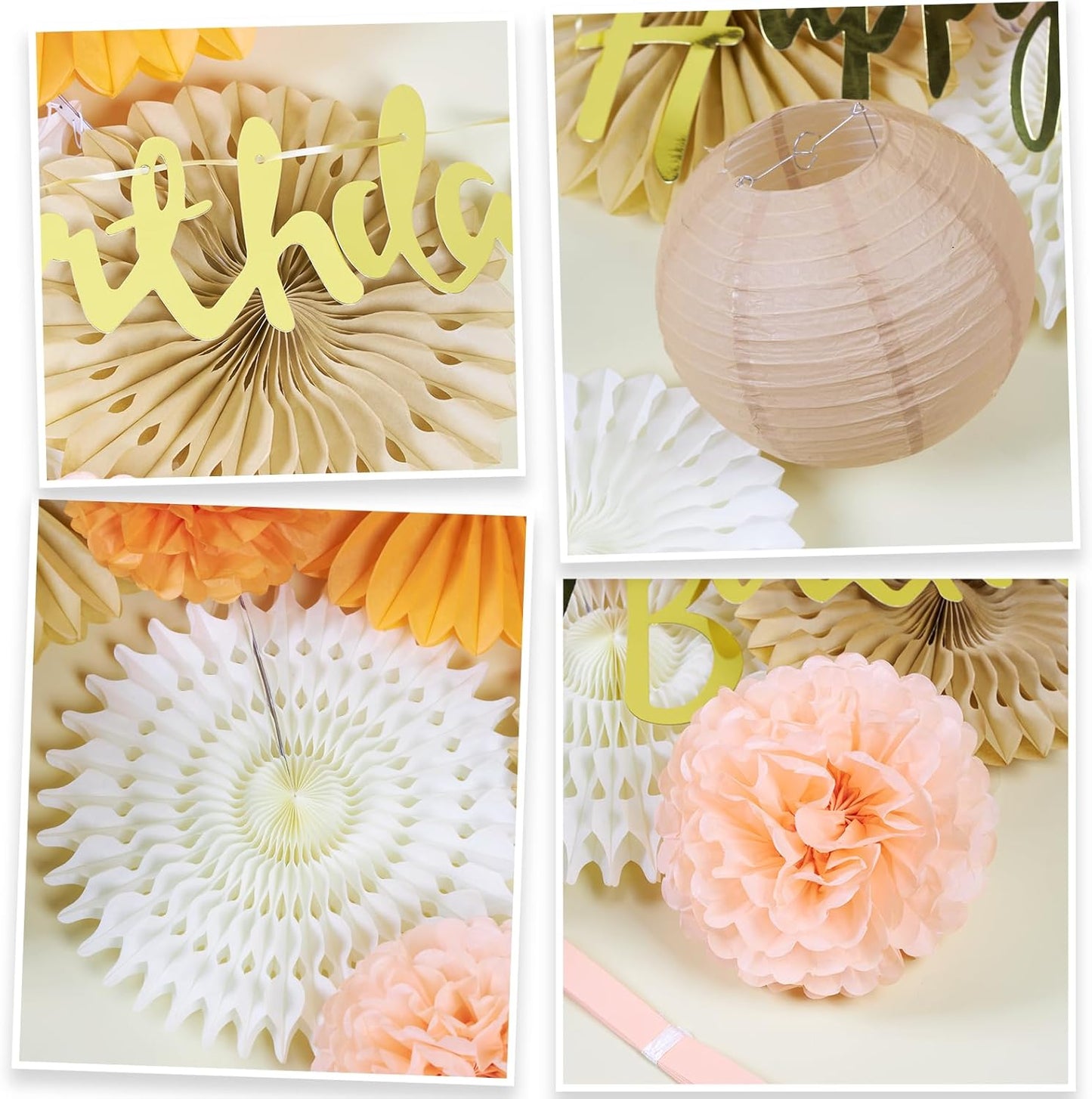 SUNBEAUTY Orange Birthday Party Decorations for Girls Women with Happy Birthday Banner Fall Hanging Paper Fans Tissue Pom Poms Lanterns for Wedding Autumn Thanksgiving Festival Party Decor
