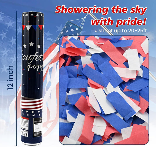 Confetti Cannon 12 Pack Party Poppers 4th of July Patriotic Confetti Poppers for July 4th Decor Biodegradable Poppers Red White Blue Independence Day Confetti Shooter for Celebration Party Decorations
