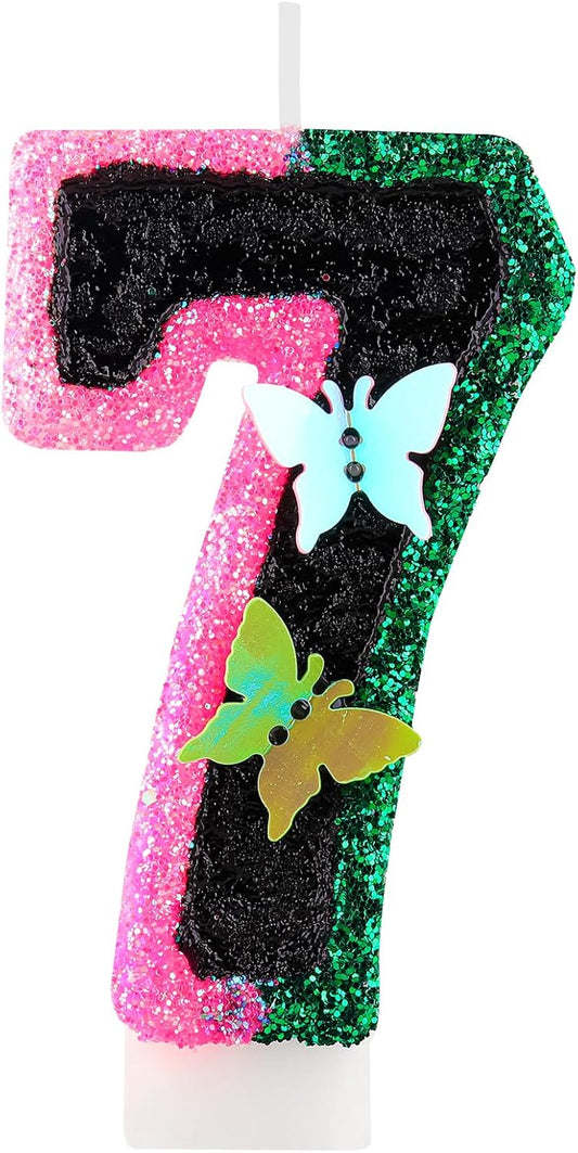 Birthday Number 7 Candles Pink Black and Green Butterfly Birthday Candles for Glitter Cake Topper with Sequins Decorations Girls Women Witch Theme Anniversary Celebrations Supplies