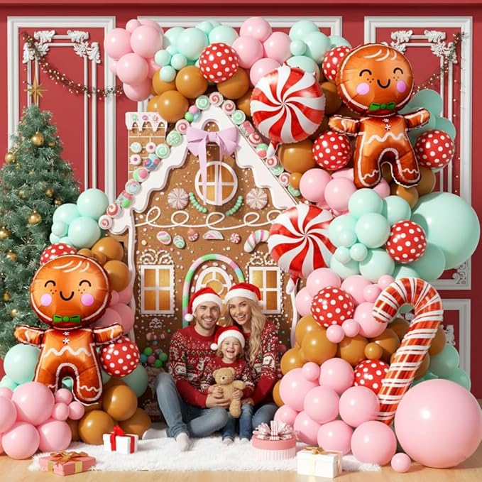 160Pcs Christmas Balloon Arch Garland Kit Xmas Pastel Pink Green Brown Latex Balloons Gingerbread Man Candy Cane Foil Balloons Arch Kit for Christmas New Year Party Birthday Party Decorations