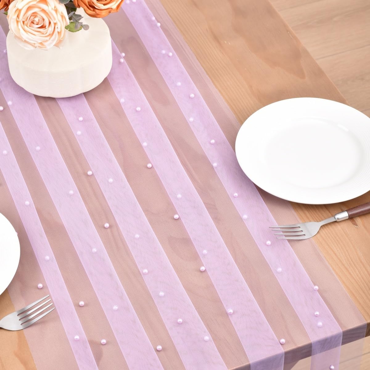 Lilac Fall Thanksgiving Pearl Table Runner Boho Rustic Tulle Lace Table Runner for Baby Shower Wedding Arch Decor Veil Dessert Table Decor 3pcs