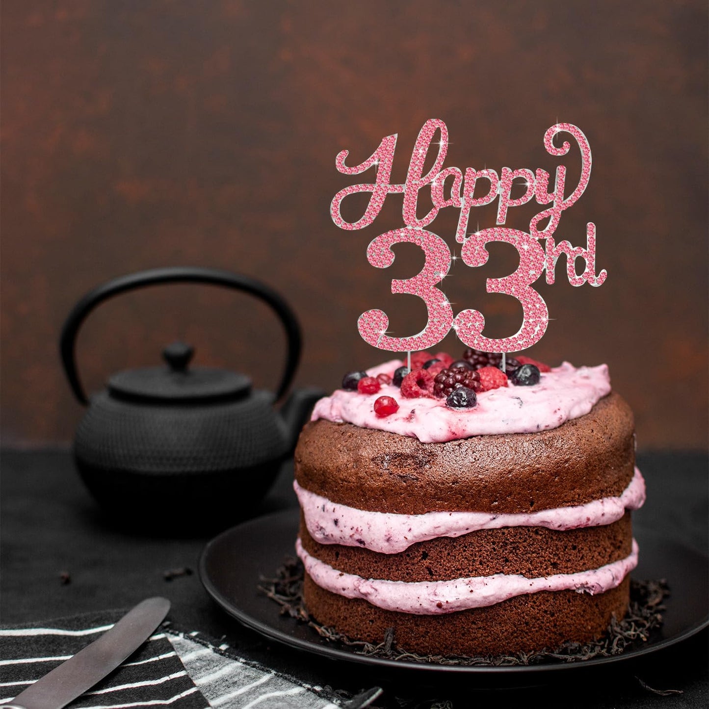 Happy 33rd Birthday Decorations,33rd Birthday Silver & Red Rhinestone Cake Topper - Cheers to 33 Years Old Bday Party Metal Sparkly Cake Centerpieces Sign.