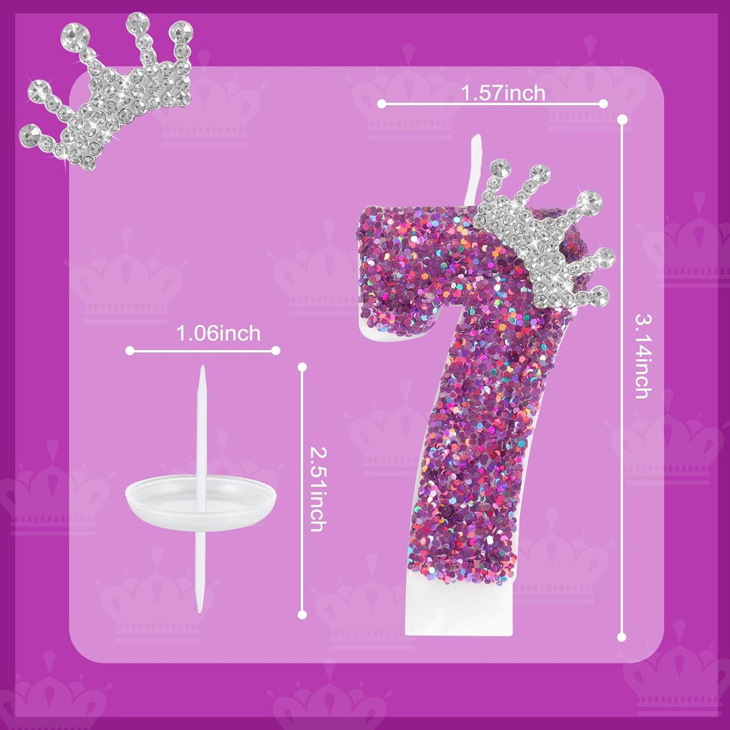 Ceya Number 7 Birthday Candles,Purple Crown Candle for Cake, Sparkling Number Glitter Candle 3.14inch Cake Topper,7st Birthday Decorations for Girl Women Reunions Anniversary Party Supplies