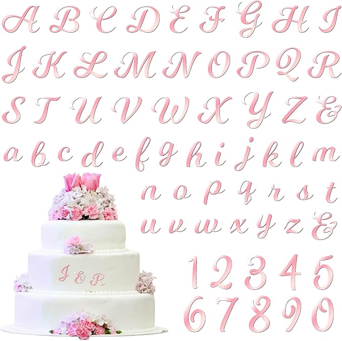 64 Pcs Pink Acrylic Cake Toppers Letters and Numbers, Mirror A-Z Alphabet & 0-9 Numbers for Personalized Cake Decorations, Birthday Wedding Baby Shower Party Picks