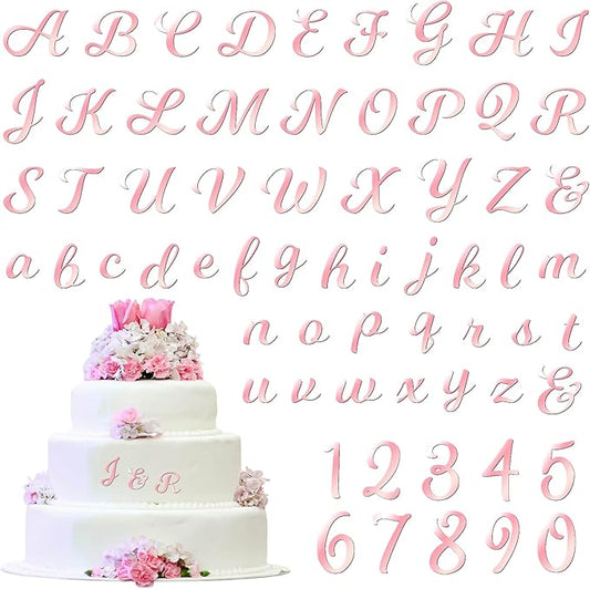64 Pcs Pink Acrylic Cake Toppers Letters and Numbers, Mirror A-Z Alphabet & 0-9 Numbers for Personalized Cake Decorations, Birthday Wedding Baby Shower Party Picks