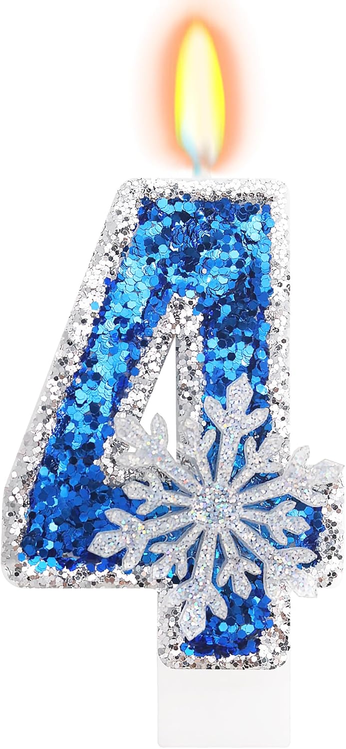 Frozen Themed Birthday Decorations, Snowflake Number 4 Candles for Kids Adults Birthday Party Supplies, 2.76 inch Glitter Cake Topper Decorations (Number 4)