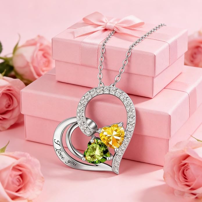 Double Birthstone Heart Necklace 0.8CT Dual-Gemstone S925 Sterling Silver Plated White Gold Engraved I Love You Perfect Anniversary/Valentine's Day Gift for Wife/Girlfriend/Mom/Daughter