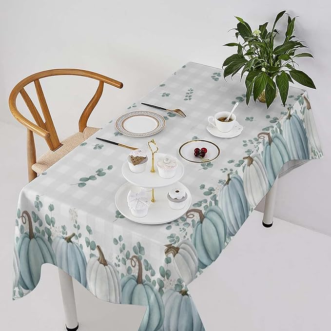 YCness Thanksgiving Pumpkin Tablecloth, Watercolor Eucalyptus Leaves Autumn Harvest Fall Watercolor Blue Gray Grid Table Cover for Party Picnic Dinner Kitchen 55x55 Inch Rectangle