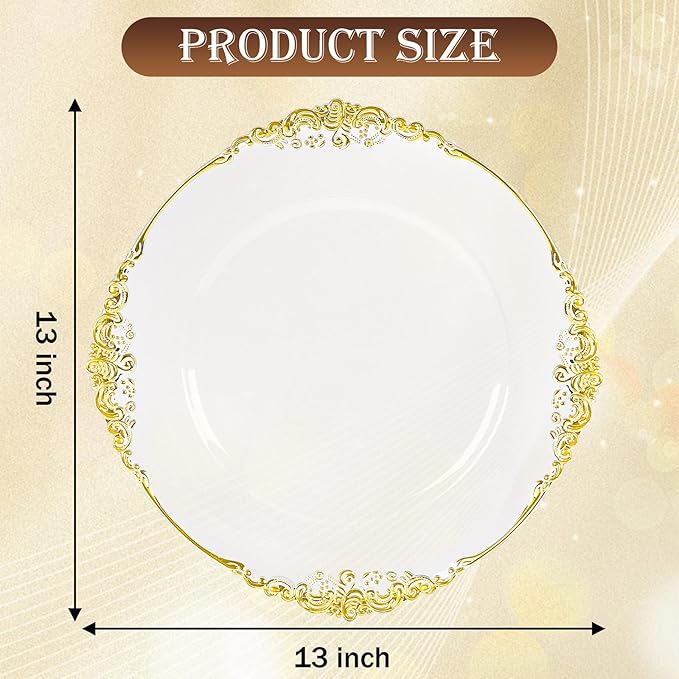 6pcs Clear and Gold Charger Plates,13inch Elegant Plastic Gold Chargers with Floral Trim,Table decoration,Charger Serving Plates for Wedding,Afternoon Tea,Spring,Mother's/Valentine's Day