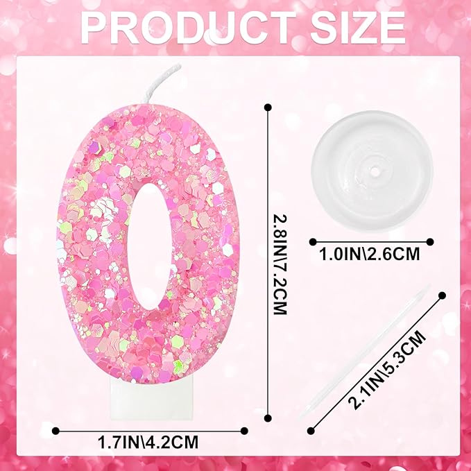 Zailo Birthday Number Candles, Glitter Number Candle Cake Decorations with Sequins, Cupcake Decorations for Girls, Women, Party Anniversary Celebrations (Number 0, Light Pink)