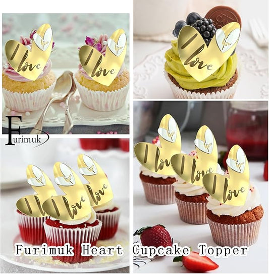 24 Pcs Love Heart Acrylic Cupcake Topper Cake Decoration Disc Mirror Acrylic Cake Topper Engraved Personalized Cake Topper for Valentine's Day Wedding Mother's Day (24, Gold)