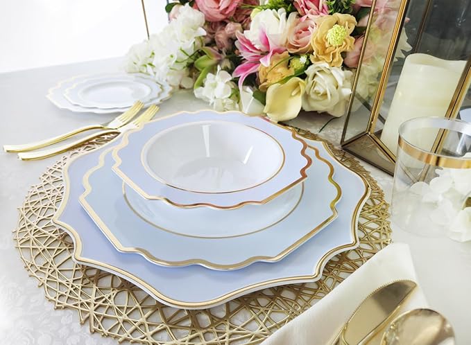" OCCASIONS " 10 Pieces 13.25'' Scalloped Disposable/Reusable Plastic Charger Plates for Wedding, (Scalloped Imperial Blue & Gold)