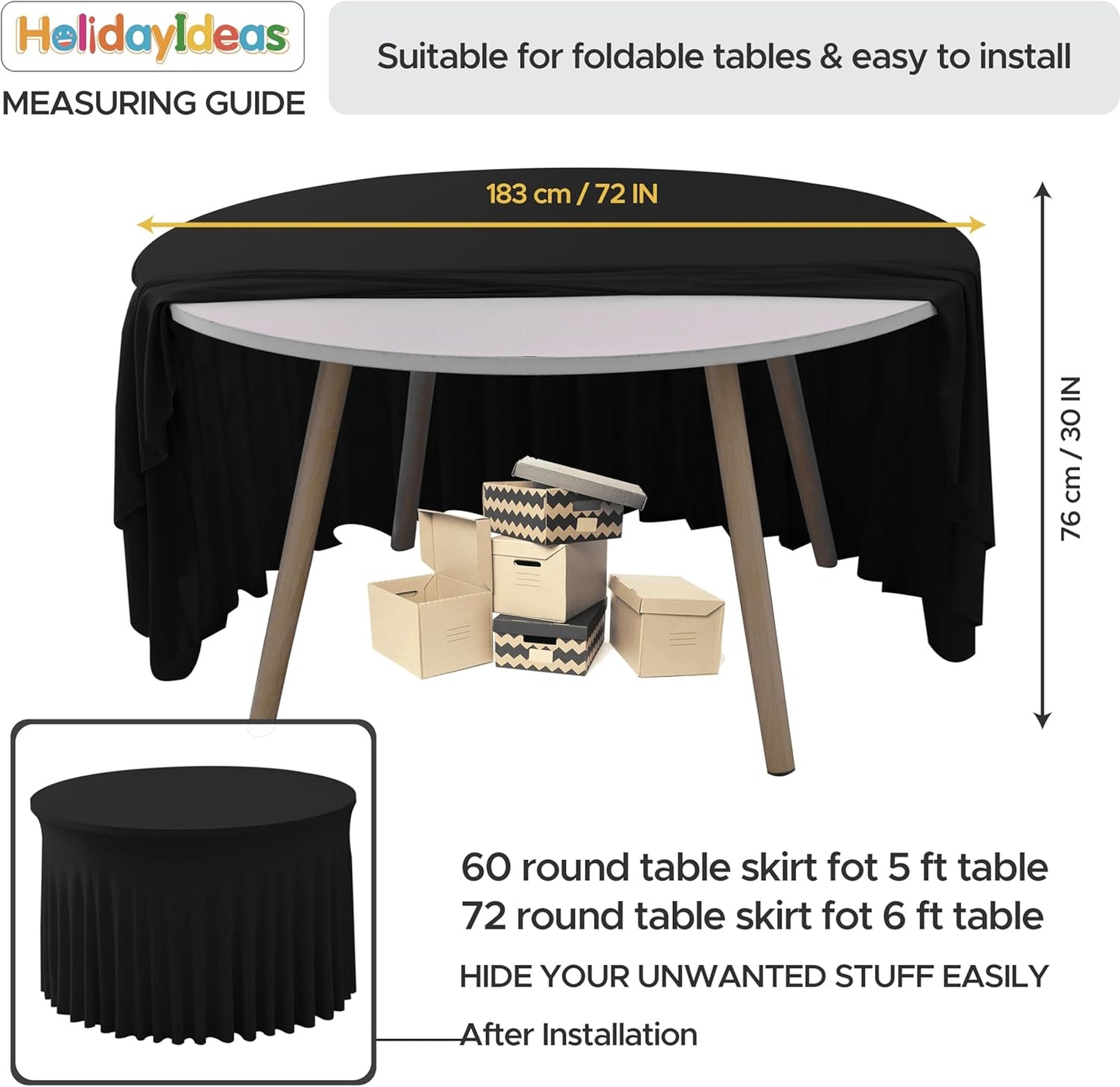 HolidayIdeas Black Spandex 72 in Round Tablecloths, Fitted Stretch Table Skirts for 6ft Round Table, Wrinkle-Free Ruffle Design Tablecloths for Banquets,Trade Shows, Parties, Events, 4 Pack