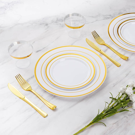 Goodluck 300 Pieces Gold Disposable Plates for 50 Guests, Plastic Plates for Party, Wedding, Dinnerware Set of 50 Dinner Plates, 50 Salad Plates, 50 Spoons, 50 Forks, 50 Knives, 50 Cups
