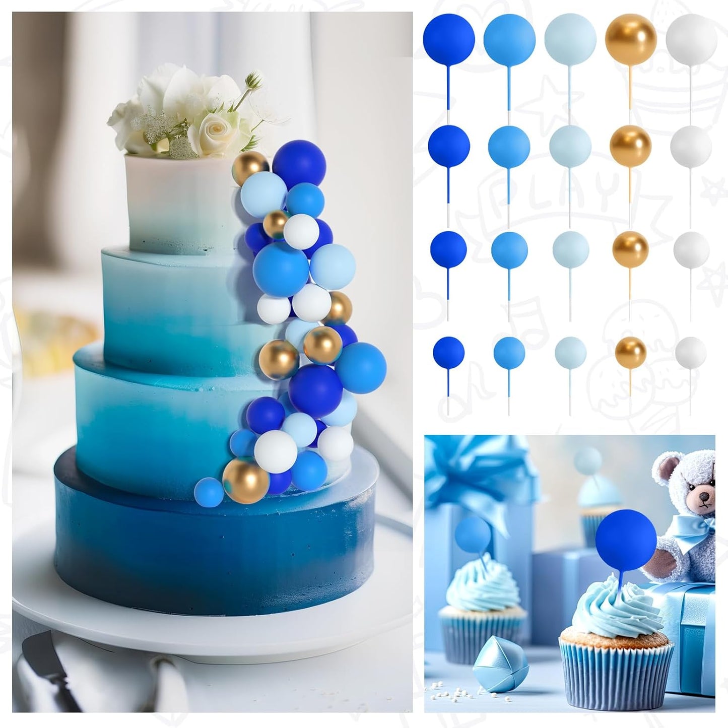 138 Pcs Balls Cake Topper Decorations Balloon Cupcake Toppers Foam Multisize Cake Topper Balls for Birthday Party Wedding Anniversary(Blue,White,Gold)