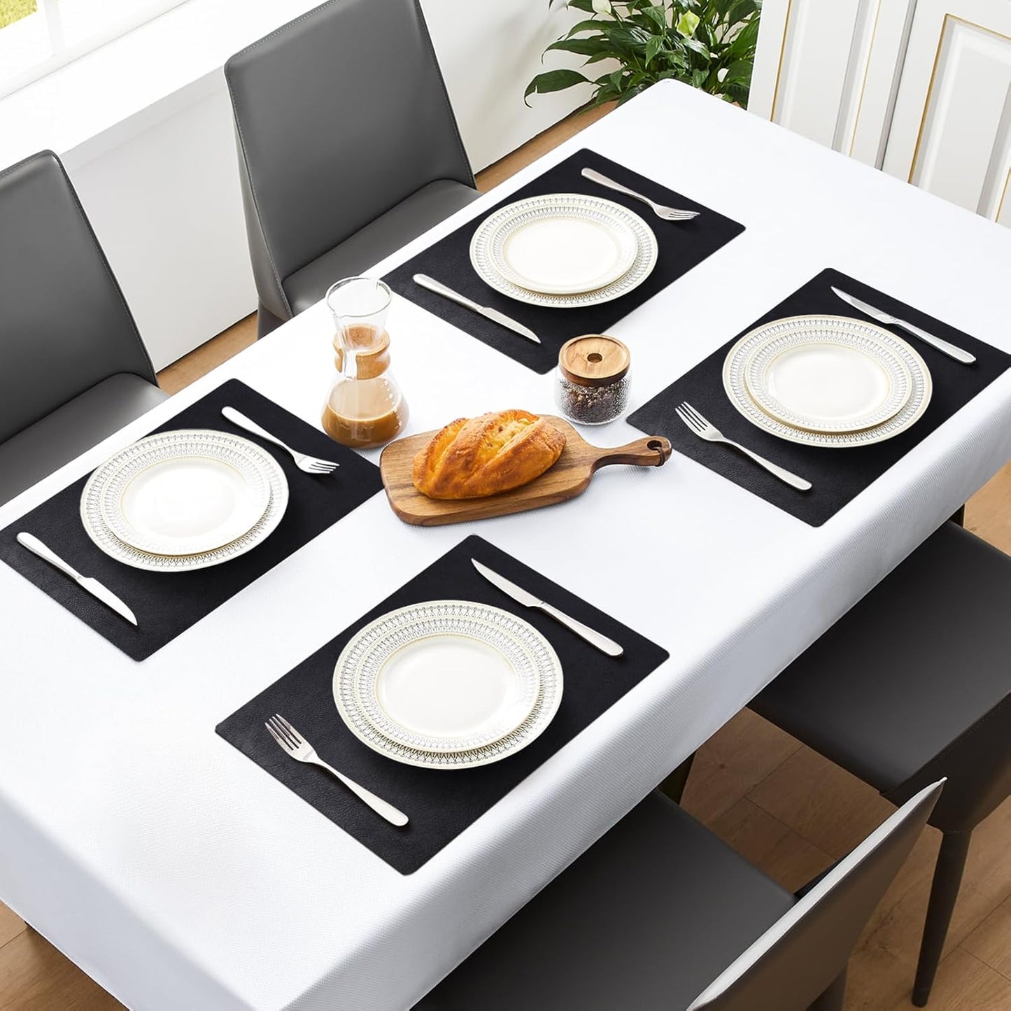 MOSAYT Vinyl Placemats Set of 6-12 X 17 Inch - Faux Leather 100% Waterproof Oil-Proof Wipeable PU Place Mats, Heat Resistant Reversible Table Mats for Kitchen, Dining, Outdoor (Black)