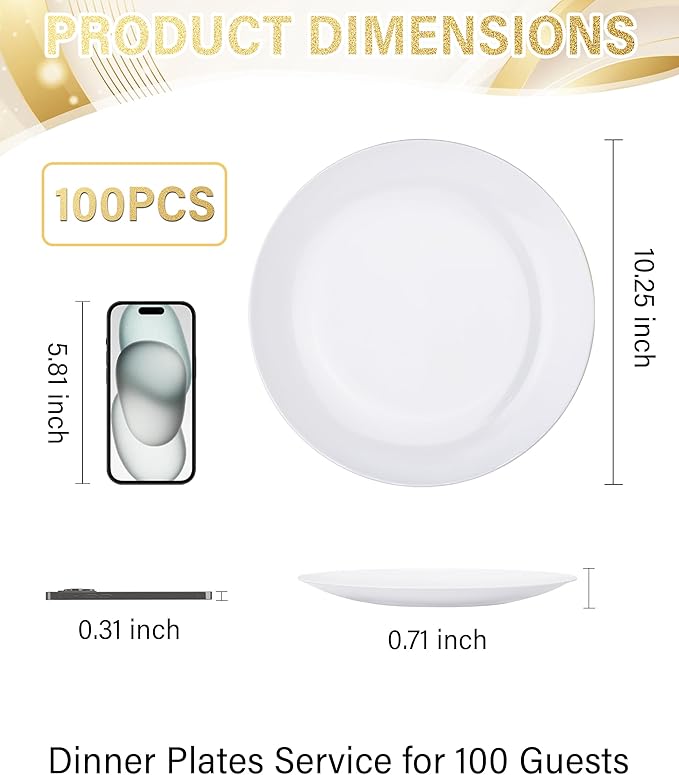 Nervure 100Pcs White Plastic Plates - 10.25inch Disposable White Dinner Plates - Heavy Duty Plastic Plate Ideal for Wedding & Party (Pack of 2)