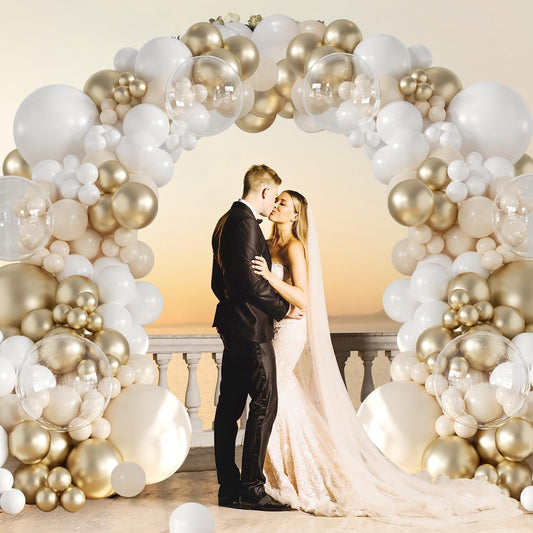 White and Gold Balloon Garland Arch Kit 132Pcs Metallic gold Ivory white Cream White Clear Balloons Different Sizes for Wedding Engagements Birthday Bridal Shower Baby Shower Anniversary Decorations