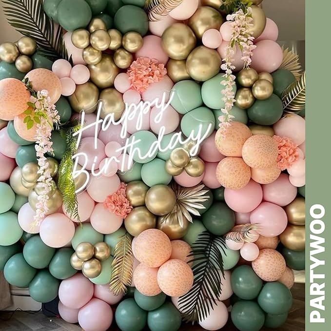 PartyWoo Pink and Green Balloons 65pcs 12 Inch Metallic Gold Sand White Sage Green Nude Dusty Pink Gold Confetti Balloons for Baby Shower Wedding Engagement Princess Birthday Party Decorations