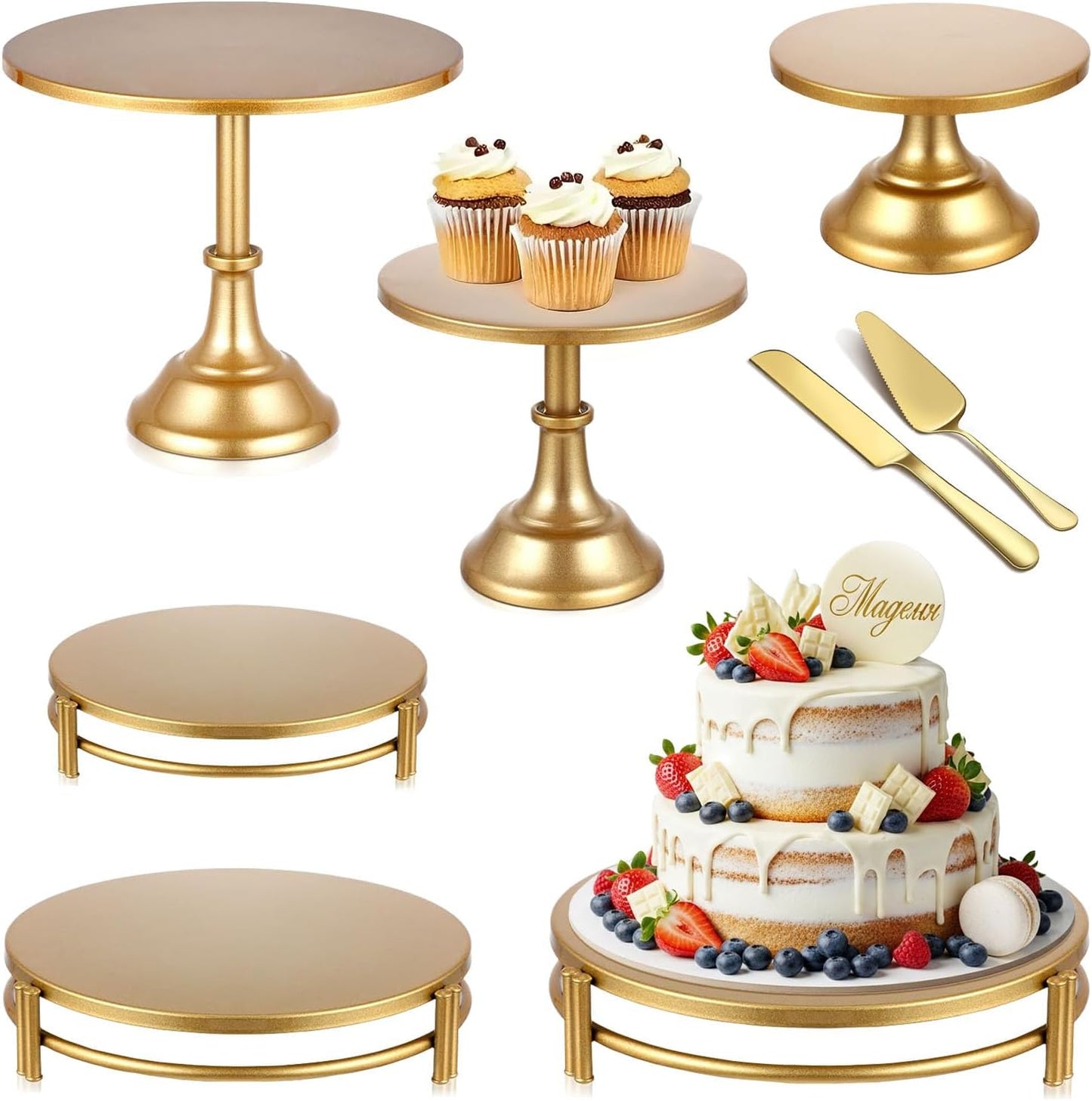 8 PCS Gold Cake Stand Set with Gold Pedestal Cake Stand and Cake Cutter Pie Spatula, Dessert Table Display Set for Wedding, Party, Birthday, Baby Shower, Event Bridal Celebration