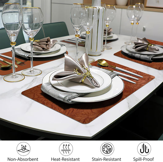 17" × 12" Faux Leather Placemats Set of 6, Caramel Brown, Washable, Wipeable & Heat-Resistant Table Mats, Waterproof & Anti-Slip Dining Place Mats with Shallow Embossed Texture for Kitchen & Dining