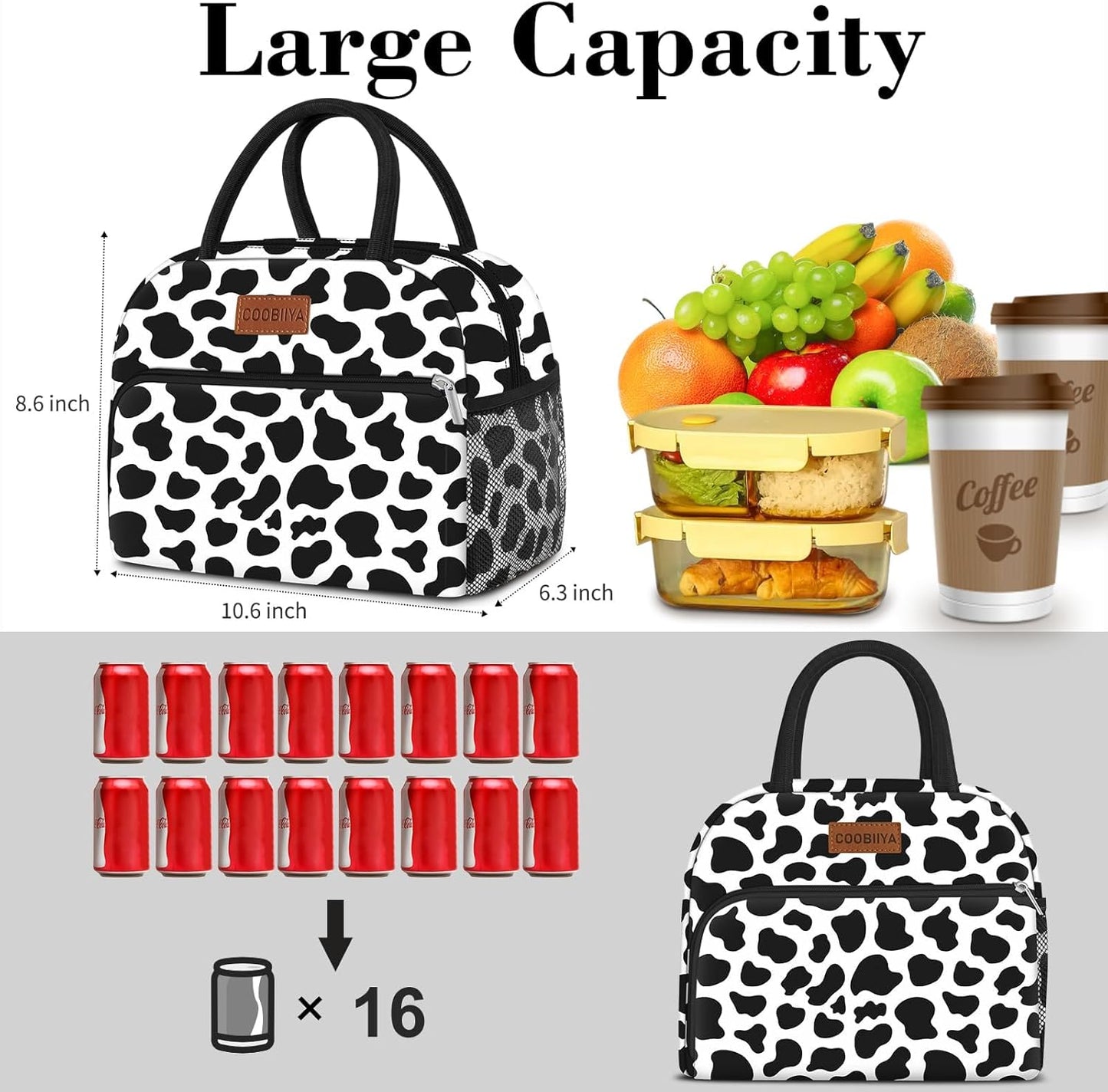 Coobiiya Lunch Bag for Women and Men - Cow, Aluminum, 10.8" x 6.3" x 8.85" - Spacious, Lightweight, and Durable