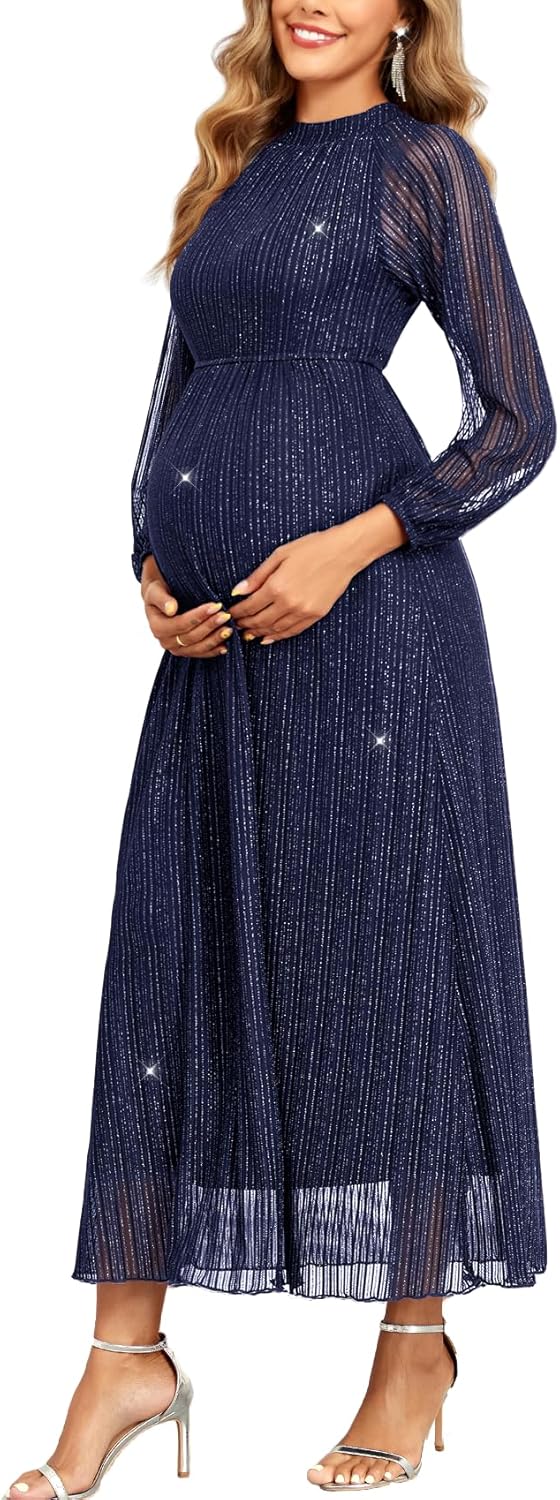 Maternity Sparkly Mesh Dress Halter Neck Sleeveless A Line Pregnancy Dresses Semi Formal Baby Shower Photoshoot