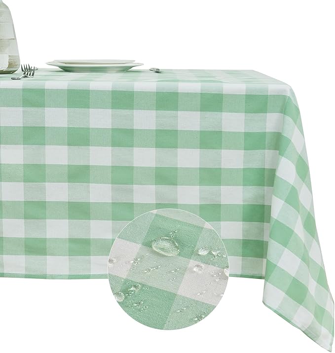 BALCONY & FALCON Rectangle Gingham Table Cloth – Water-Resistant Cotton Blend, Spill-Proof & Washable Checkered Tablecloth for Kitchen, Dining, Picnic, Party (Green White, 55x71 Inch)