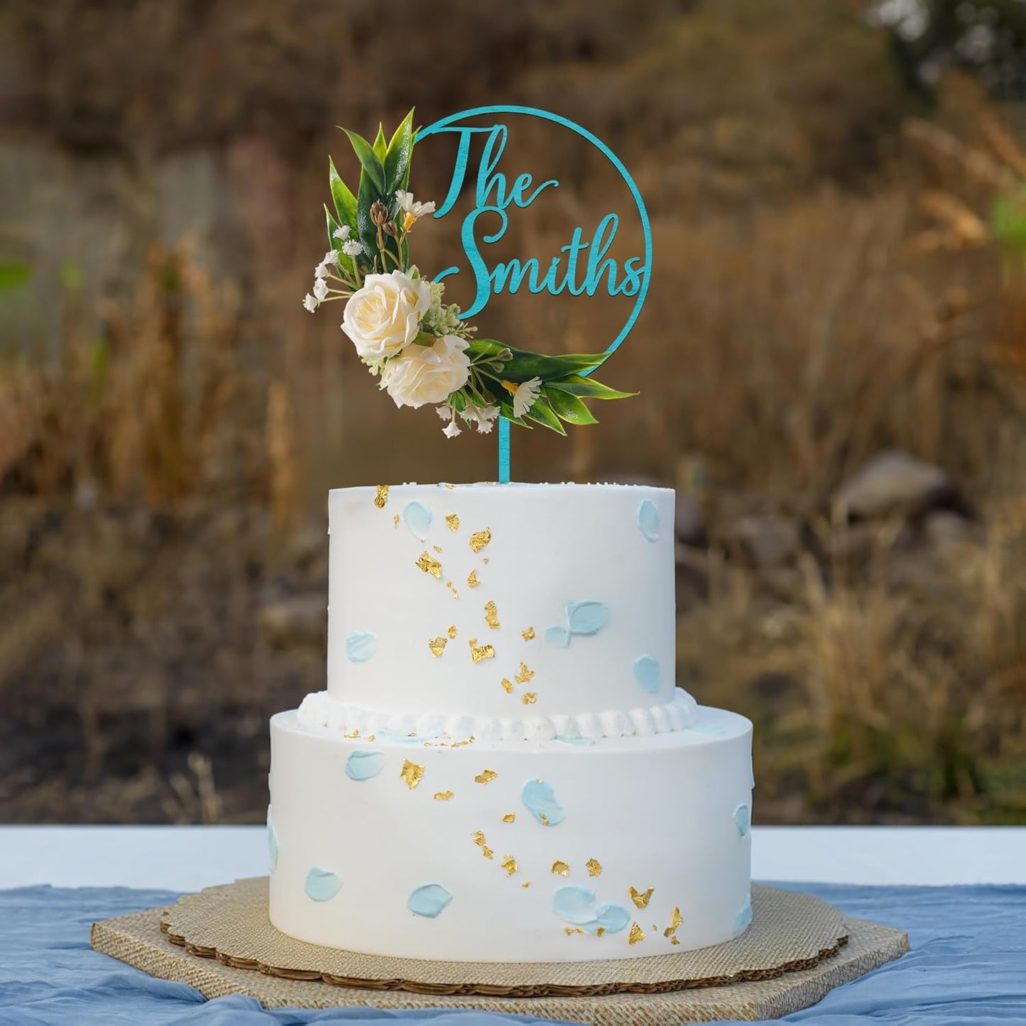 3D Flowers Wedding Cake Topper Custom Last Name Wedding Cake Decoration in Wood with 3D Artificial Roses (Turquoise)