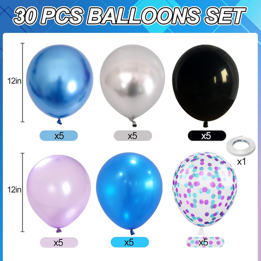 Black Blue and Purple Balloons, 12 Inch Metallic Blue Purple Black and Silver Confetti Balloons for Kids Boys Outer Space Astronaut Birthday Baby Shower Video Game Party Decorations