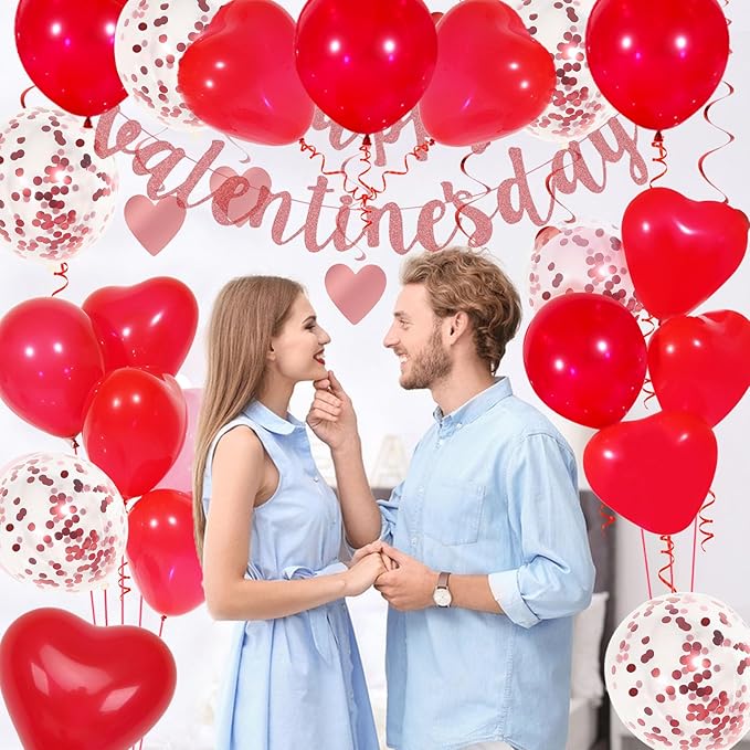 Red Balloons, 60 Pack Latex Heart and Confetti Balloons wiht Red Ribbon for Birthday Graduation Baby Shower Valentines Christmas Wedding Party Decorations
