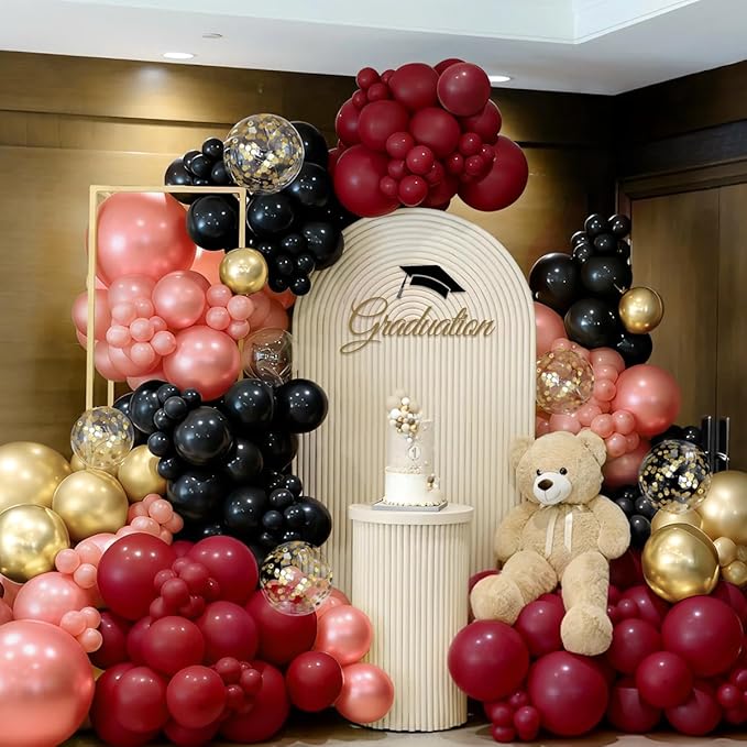 Burgundy Balloon Garland Arch Kit, 167Pcs Maroon Pearl Rose Gold Black Balloons for Birthday Graduation Bridal Shower Party Decorations